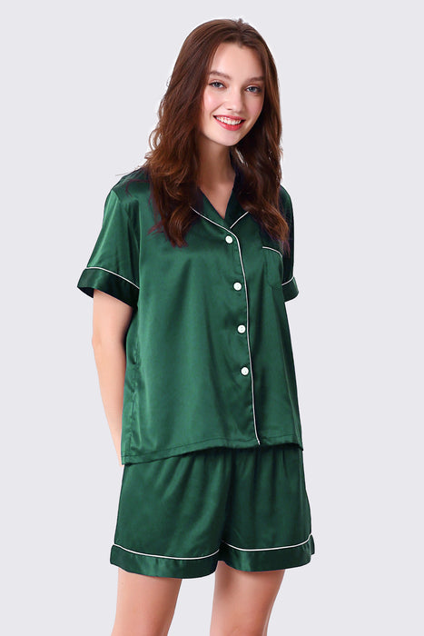 Sage green Women Short Satin Solid Pajama Set With Shorts