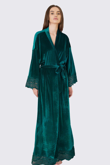 Velvet Lace Long Robe Navy Blue Bathrobe For Women