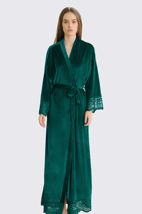 Velvet Lace Long Robe Navy Blue Bathrobe For Women