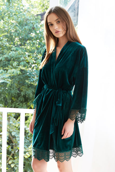 Velvet Short Lace Robe Olive Green Robe For Women