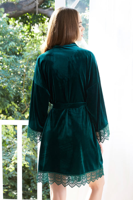 Velvet Short Lace Robe Olive Green Robe For Women