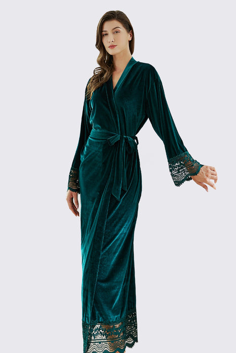 Velvet Lace Long Robe Green Bathrobe For Women