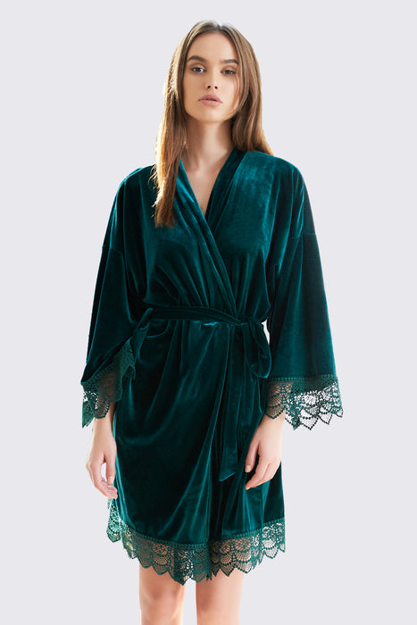 Velvet Short Lace Robe Olive Green Robe For Women