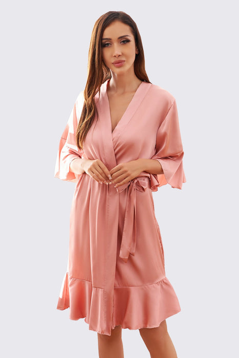 Black Ruffle Silk Robe Satin Solid Bridesmaid Robe