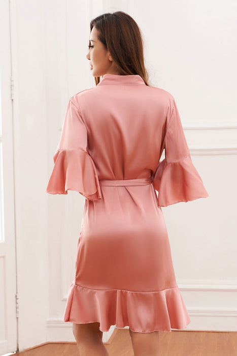 Pink Ruffle Silk Robe Satin Solid Bridesmaid Robe