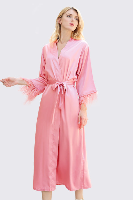 Long Feather Satin Robe For Bridesmaid in Light Blue