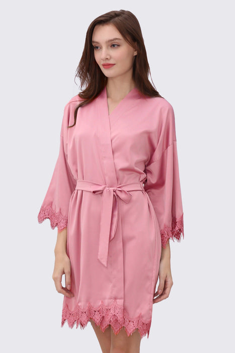 Pink Bridesmaid Satin Lala Lace Robe Knee Length