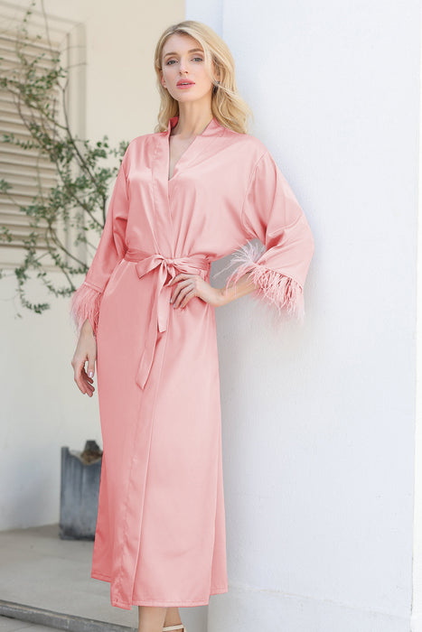 Long Feather Satin Robe For Bridesmaid in Pink