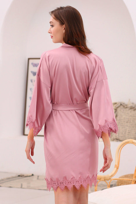 Pink Bridesmaid Satin Lala Lace Robe Knee Length