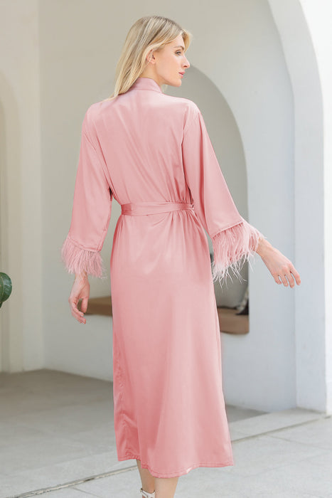 Long Feather Satin Robe For Bridesmaid in Pink