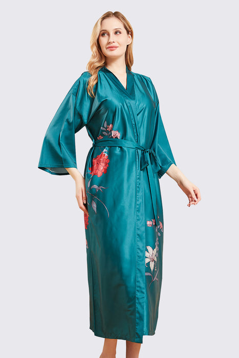 Black Long Printing Floral Robe Satin Robe For Women