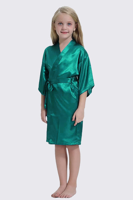 Green Kid Satin Plain Robe Kimono Kid's Robe