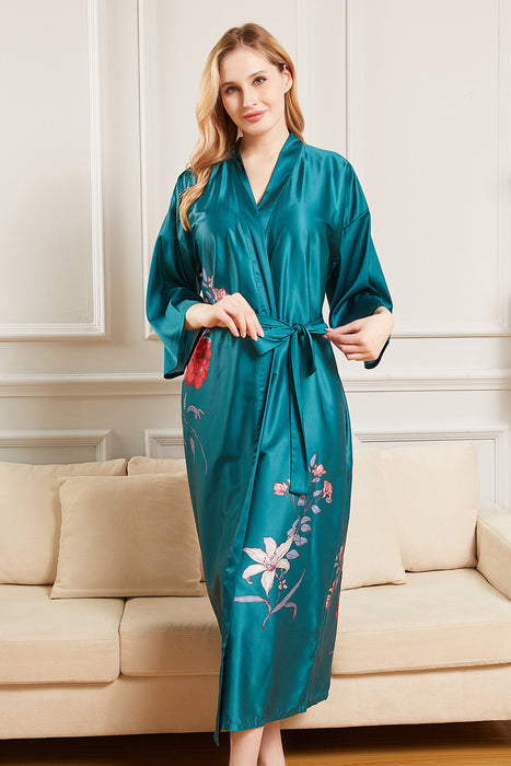 Black Long Printing Floral Robe Satin Robe For Women