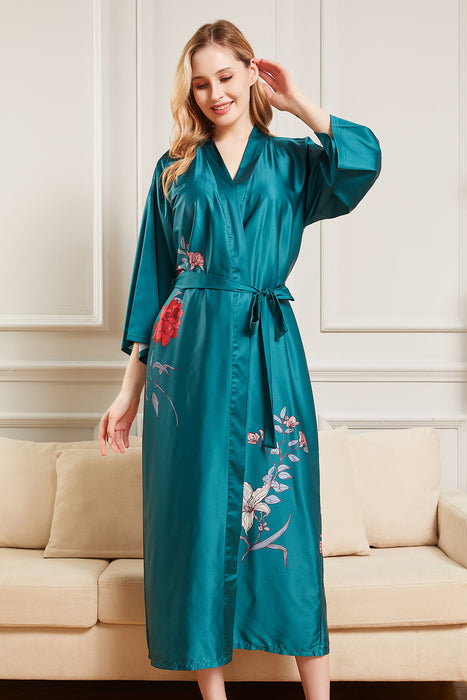 Black Long Printing Floral Robe Satin Robe For Women