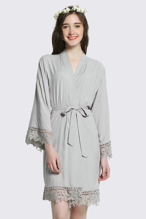 Mauve Rayon Cotton Floral Lace Robe For Women Bridal Robe