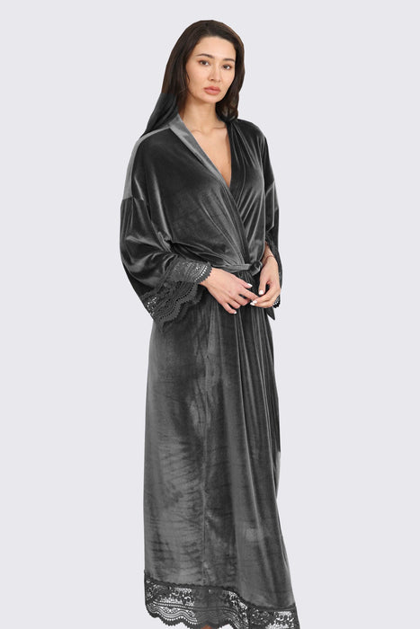 Velvet Lace Long Robe Green Bathrobe For Women