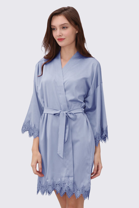 Grey Blue Bridesmaid Satin Lala Lace Robe Knee Length