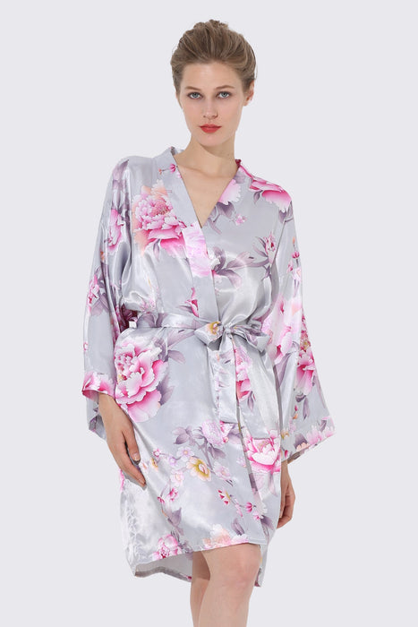 Women Floral Satin Robe Navy Knee Length Sleepwear