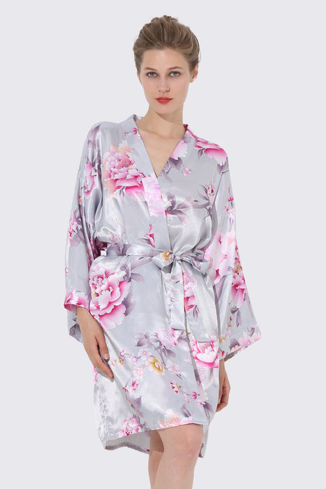 Women Floral Satin Robe Mint Knee Length Sleepwear