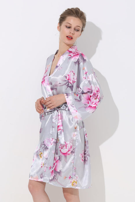 Women Floral Satin Robe Blush Knee Length Sleepwear