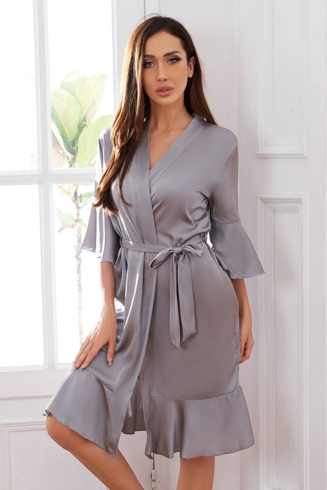 Orange Ruffle Silk Robe Satin Solid Bridesmaid Robe