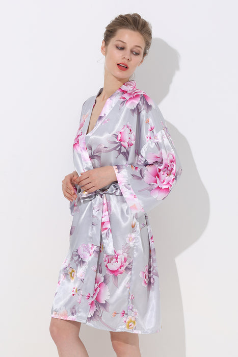 Women Floral Satin Robe Mint Knee Length Sleepwear