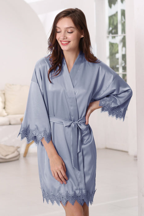 Grey Blue Bridesmaid Satin Lala Lace Robe Knee Length