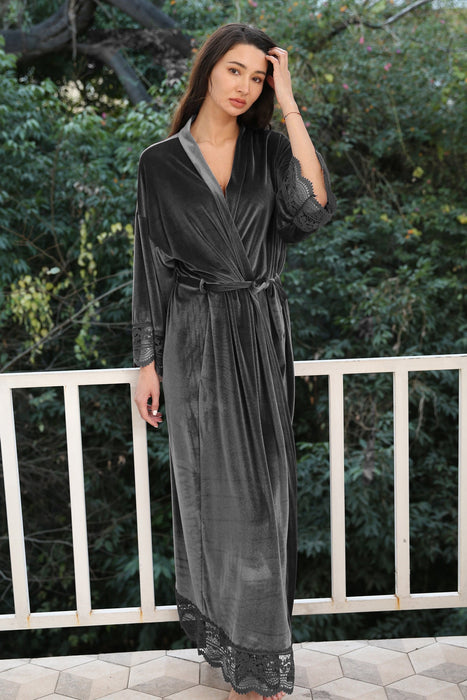 Velvet Lace Long Robe Green Bathrobe For Women