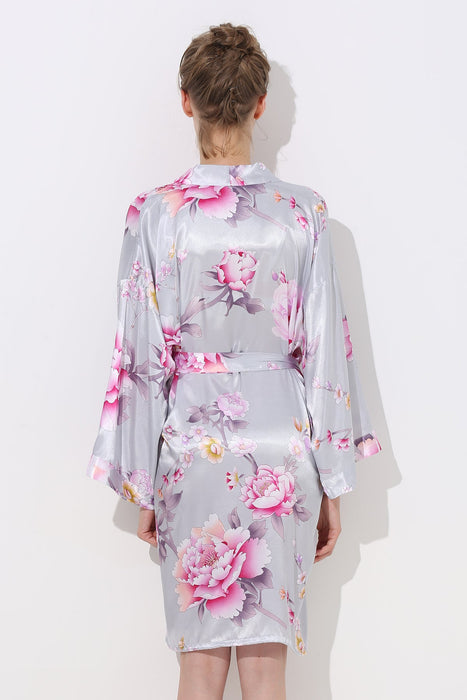 Women Floral Satin Robe Blush Knee Length Sleepwear