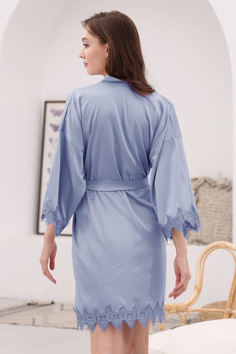 Grey Blue Bridesmaid Satin Lala Lace Robe Knee Length