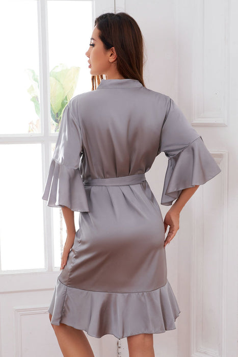 Black Ruffle Silk Robe Satin Solid Bridesmaid Robe