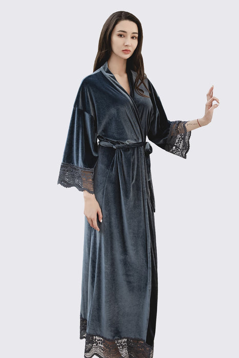 Velvet Lace Long Robe Navy Blue Bathrobe For Women