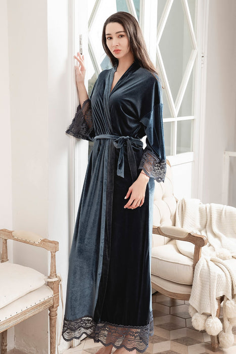 Velvet Lace Long Robe Green Bathrobe For Women