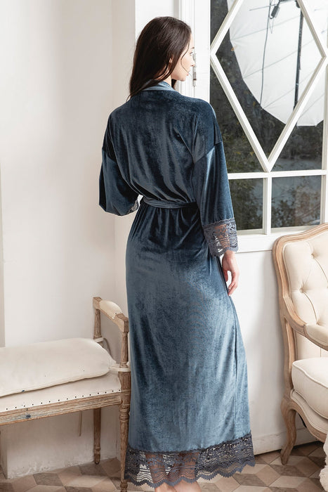 Velvet Lace Long Robe Navy Blue Bathrobe For Women