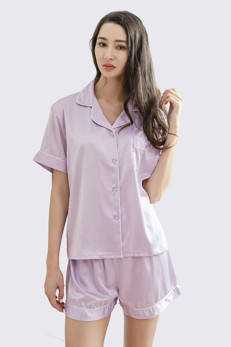 Rose Gold Women Short Satin Solid Pajama Set With Shorts