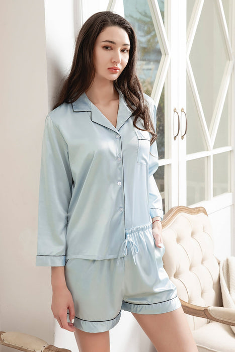 Satin Pajama Set Long Sleeves With Shorts For Women Blue Sleepwear