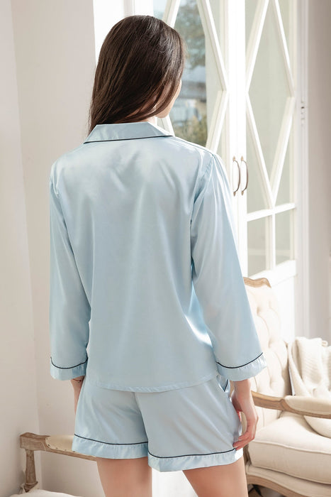 Satin Pajama Set Long Sleeves With Shorts For Women Blue Sleepwear