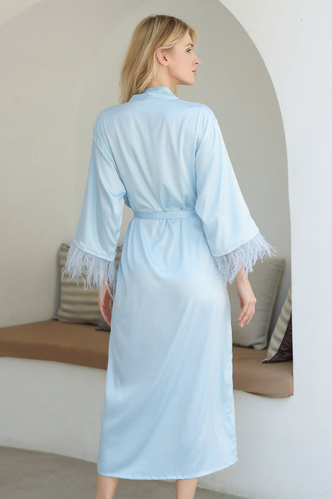 Long Feather Satin Robe For Bridesmaid in Light Blue