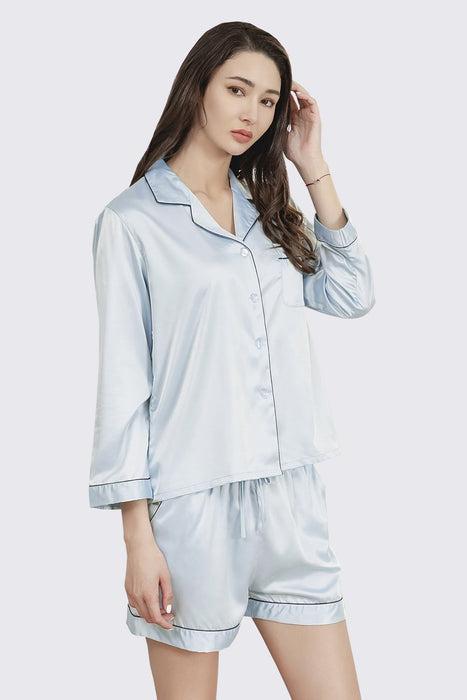 Satin Pajama Set Long Sleeves With Shorts For Women White Sleepwear