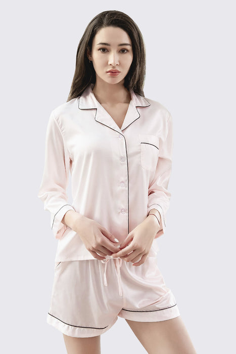 Satin Pajama Set Long Sleeves With Shorts For Women Black Sleepwear