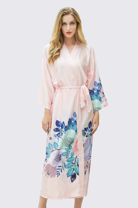 White Long Printing Floral Robe Satin Robe For Women