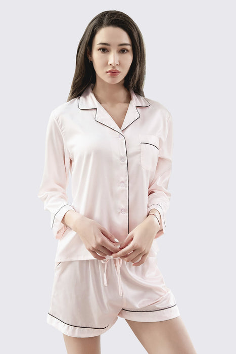 Satin Pajama Set Long Sleeves With Shorts For Women Blue Sleepwear