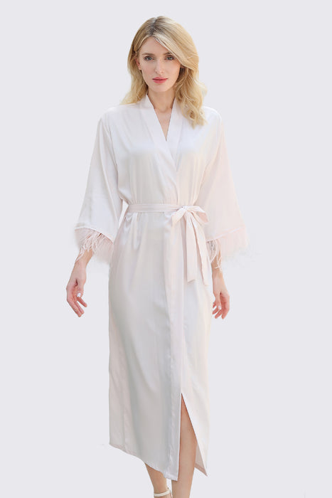 Long Feather Satin Robe For Bridesmaid in Light Blue