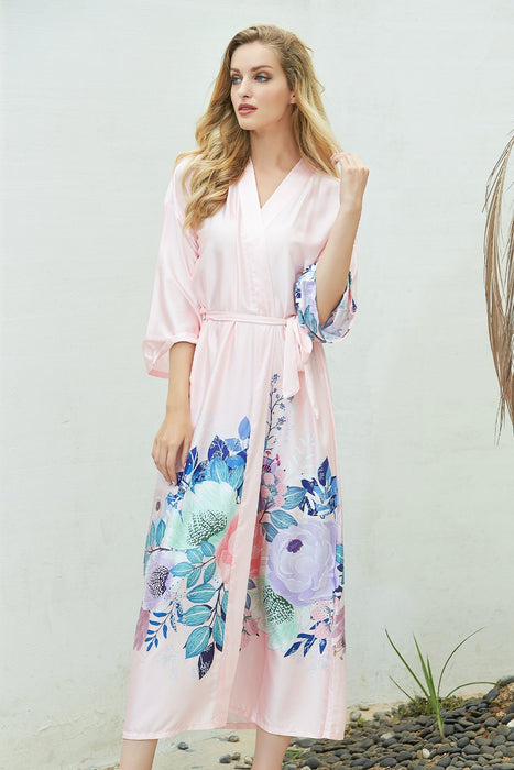 Navy Long Printing Floral Robe Satin Robe For Women