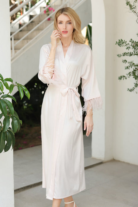 Long Feather Satin Robe For Bridesmaid in Pink