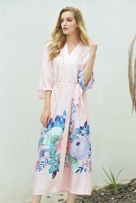 Long Printing Floral Robe Satin Robe For Women