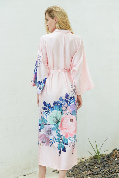 Navy Long Printing Floral Robe Satin Robe For Women