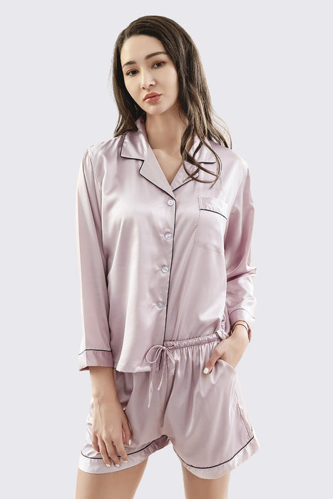 Satin Pajama Set Long Sleeves With Shorts For Women White Sleepwear