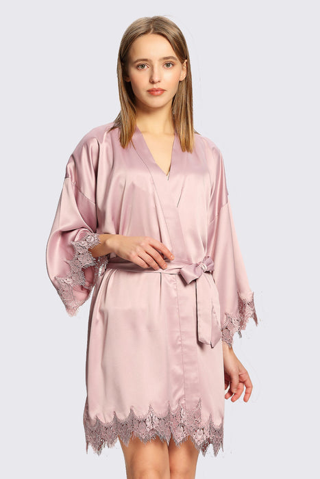 Pink Bridesmaid Satin Lala Lace Robe Knee Length