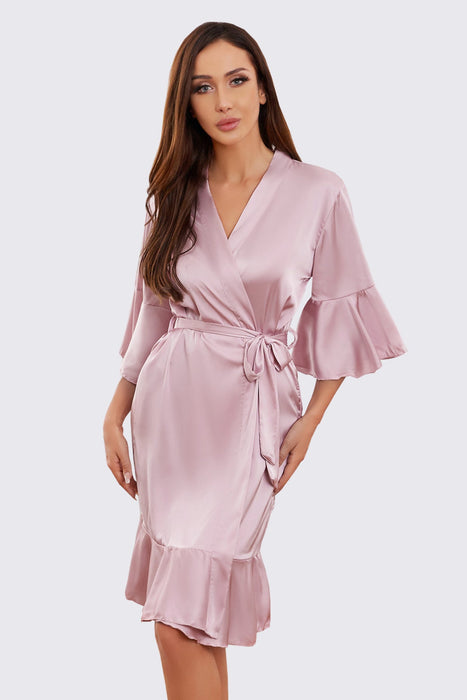 Black Ruffle Silk Robe Satin Solid Bridesmaid Robe